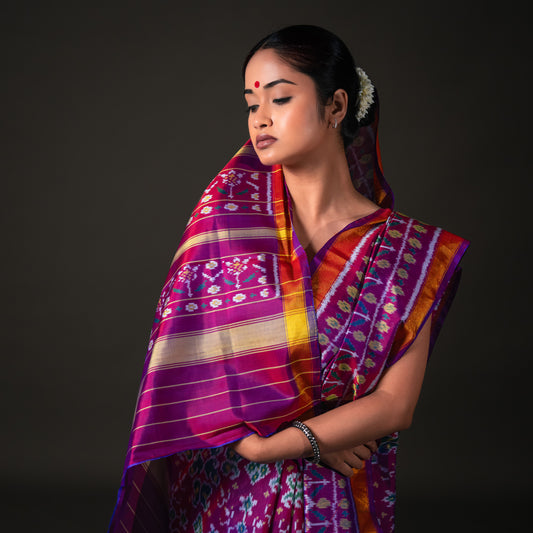 Ikatan Dark Purple Mulberry Silk Patola Ikat Saree Ikatan