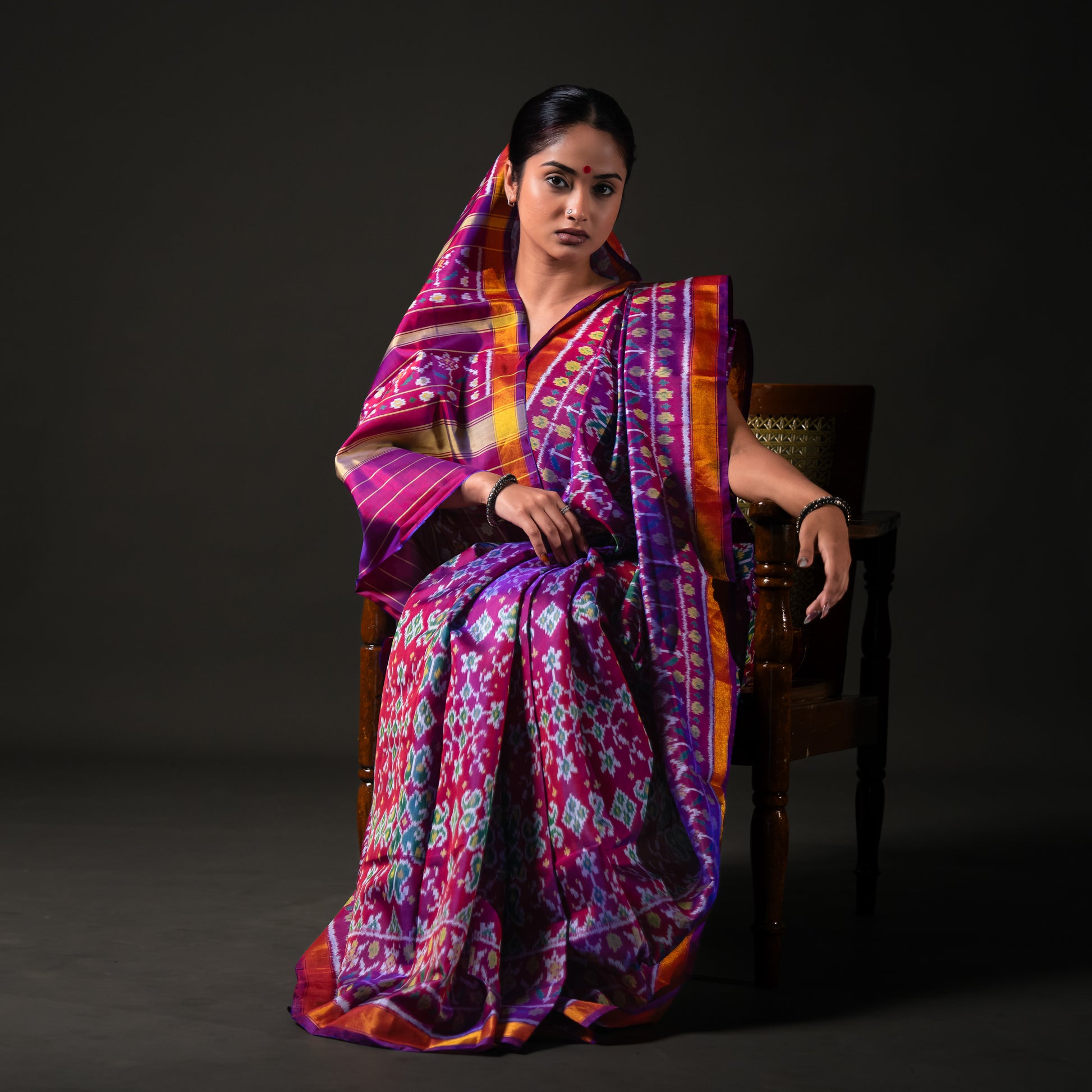 Ikatan Dark Purple Mulberry Silk Patola Ikat Saree Ikatan