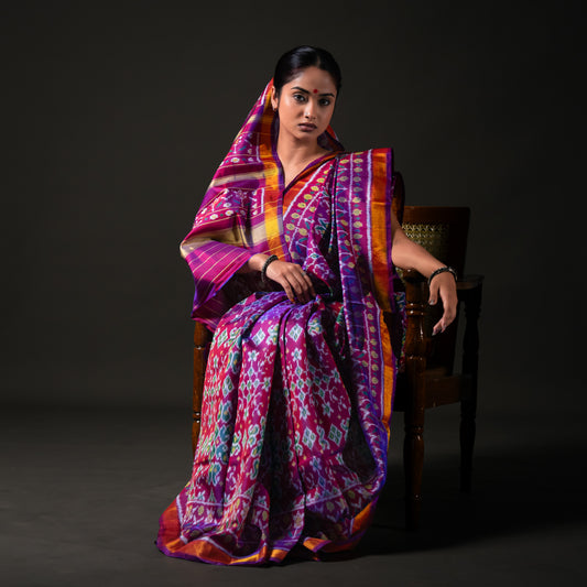 Ikatan Dark Purple Mulberry Silk Patola Ikat Saree Ikatan