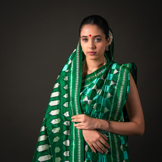 Ikatan Green Mulberry Silk Pochampally Ikat Saree Ikatan
