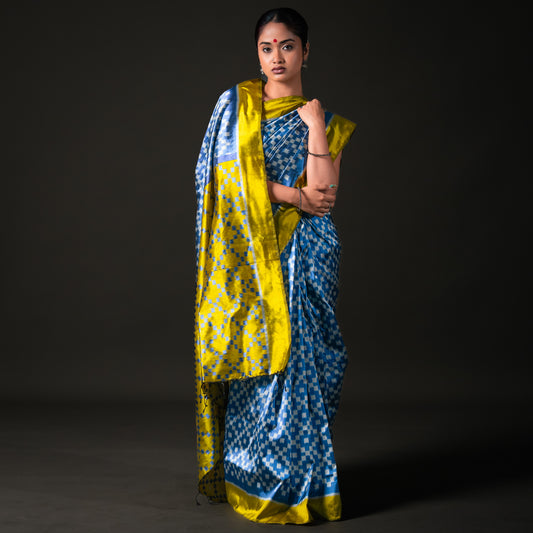 Ikatan Blue & Yellow Mulberry Silk Odisha Ikat Saree Ikatan
