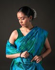 Ikatan Blue & Green Mulberry Silk Pochampally Ikat Saree Ikatan