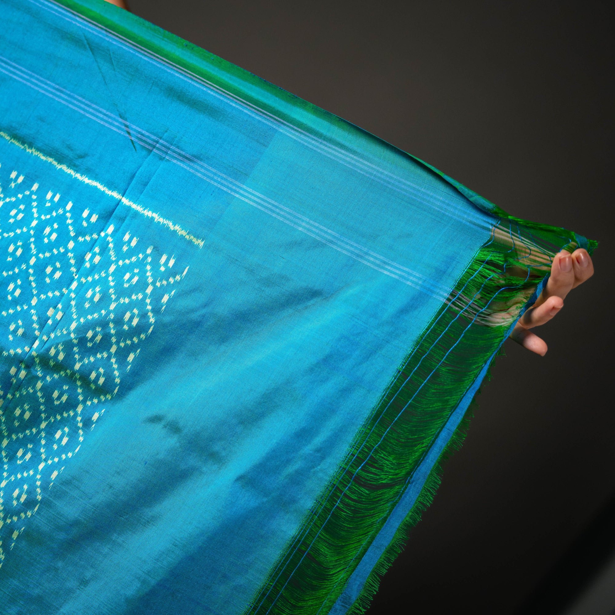 Ikatan Blue & Green Mulberry Silk Pochampally Ikat Saree Ikatan