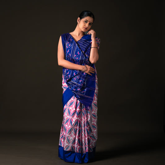 Ikatan Navy Blue & Pink Mulberry Silk Pochampally Ikat Saree Ikatan