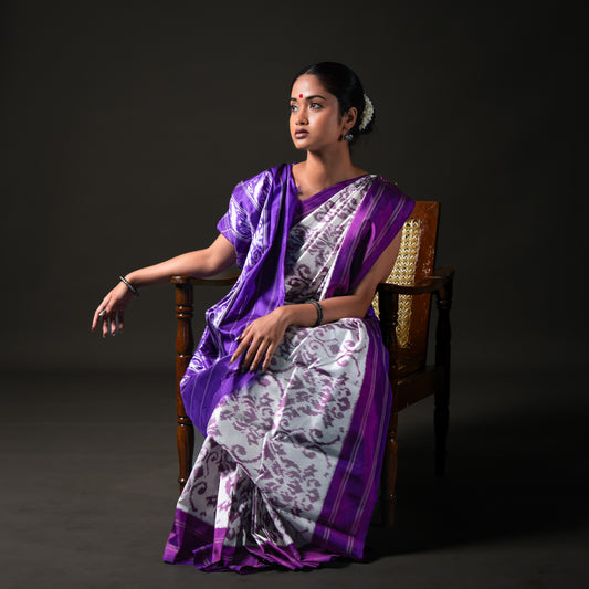 Ikatan Violet & White Mulberry Silk Pochampally Ikat Saree Ikatan