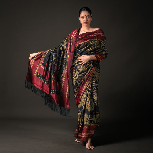 Poonam Bhagat Black & Maroon Mulberry Silk Gujarat Ikat Saree Ikatan