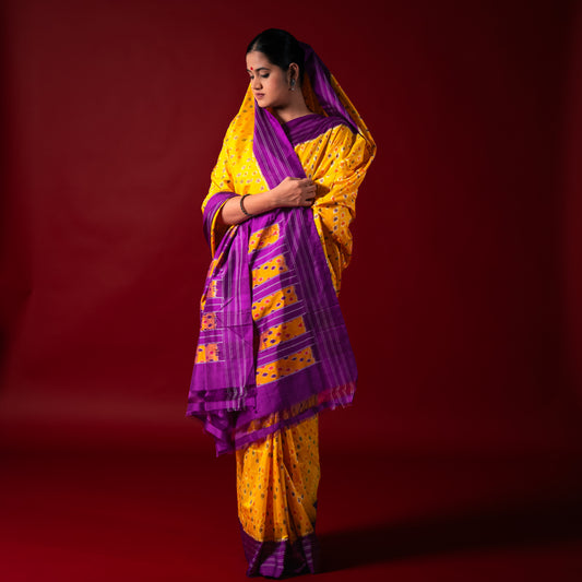 Ikatan Yellow & Purple Mulberry Silk Odisha Ikat Saree Ikatan
