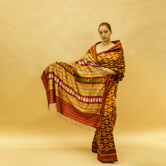 Maroon & Orangish Yellow Mulberry Silk Odisha Ikat Saree