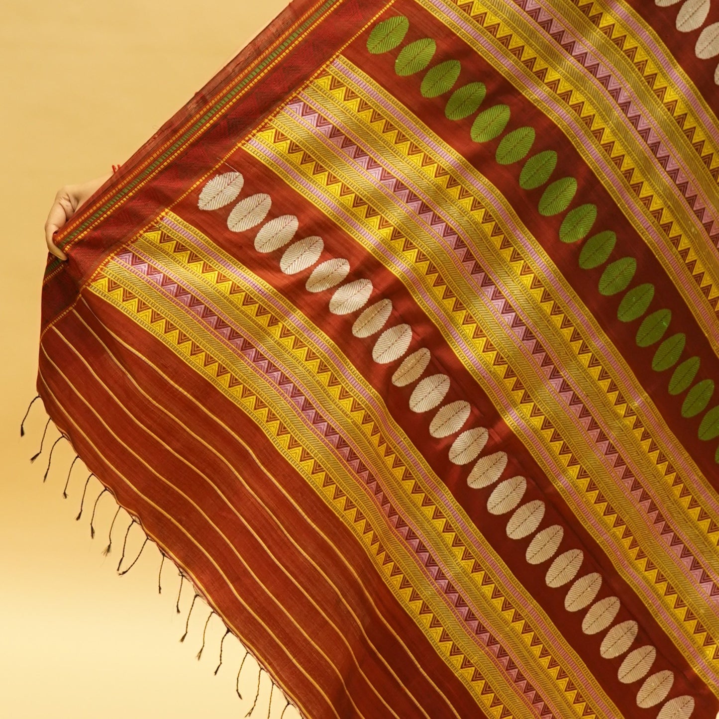 Maroon & Orangish Yellow Mulberry Silk Odisha Ikat Saree