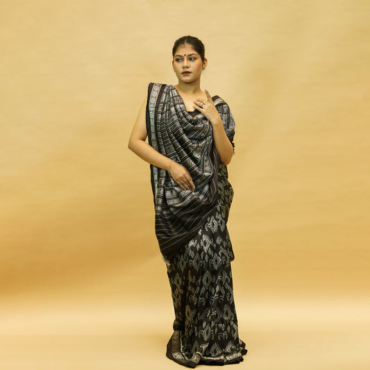 Black & Grey Mulberry Silk Odisha Ikat Saree with Chakra Border