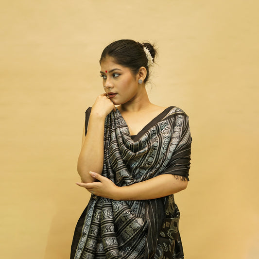 Black & Grey Mulberry Silk Odisha Ikat Saree with Chakra Border