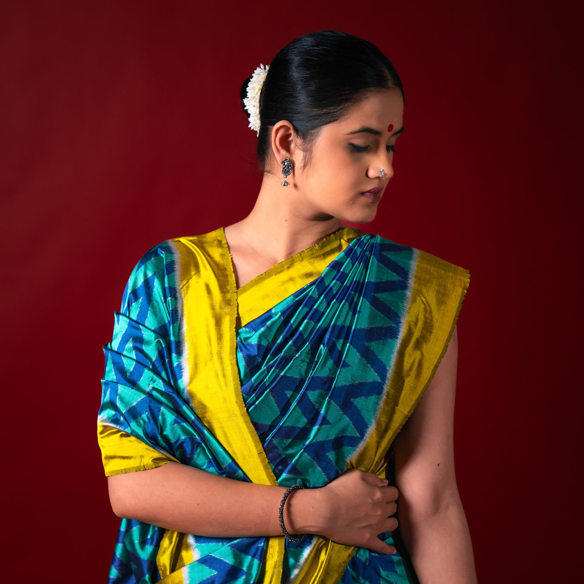 Ikatan Ice Blue & Yellow Mulberry Silk Odisha Ikat Saree Ikatan