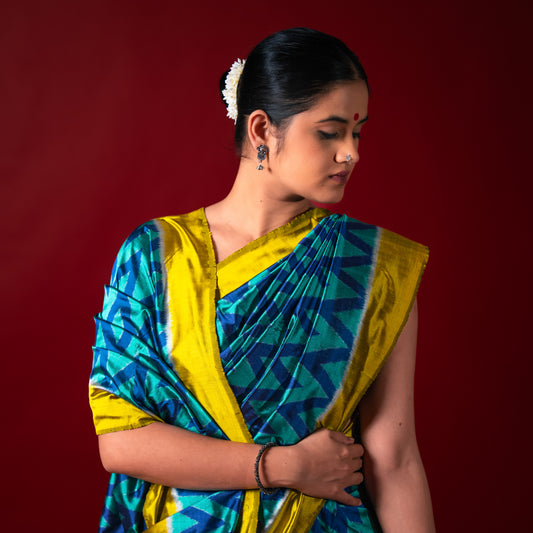 Ikatan Ice Blue & Yellow Mulberry Silk Odisha Ikat Saree Ikatan