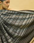 Black & Grey Mulberry Silk Odisha Ikat Saree with Chakra Border