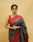 Red & Dark Blue Mulberry Silk Pochampally Ikat Saree
