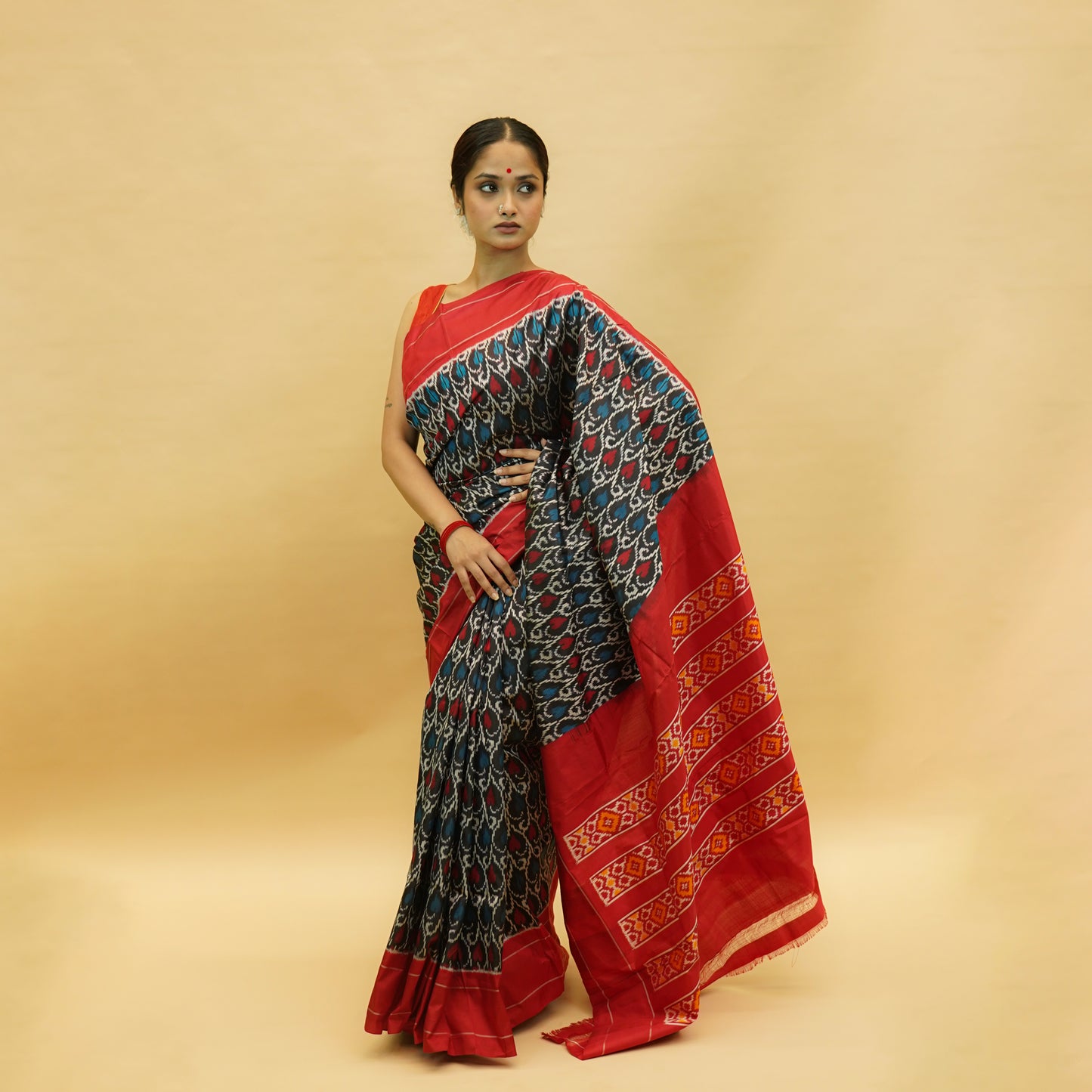 Red & Dark Blue Mulberry Silk Pochampally Ikat Saree