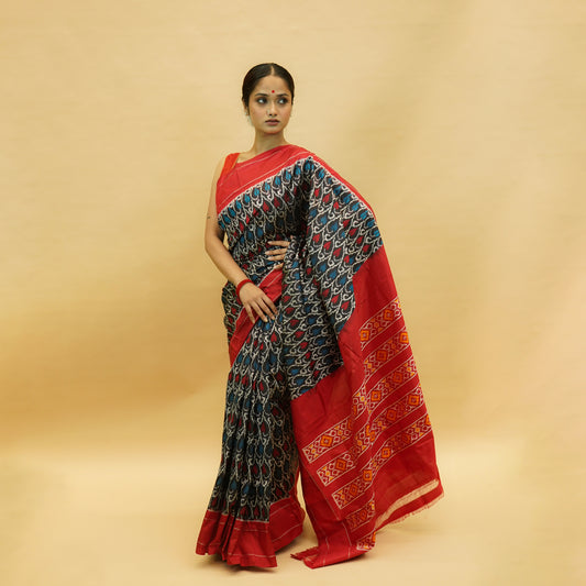 Red & Dark Blue Mulberry Silk Pochampally Ikat Saree