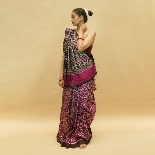 Magenta & Brown Mulberry Silk Odisha Ikat Saree