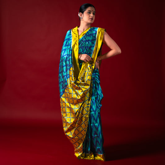 Ikatan Ice Blue & Yellow Mulberry Silk Odisha Ikat Saree Ikatan