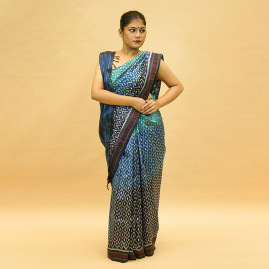 Dual Shaded Blue Mulberry Silk Odisha Ikat Saree