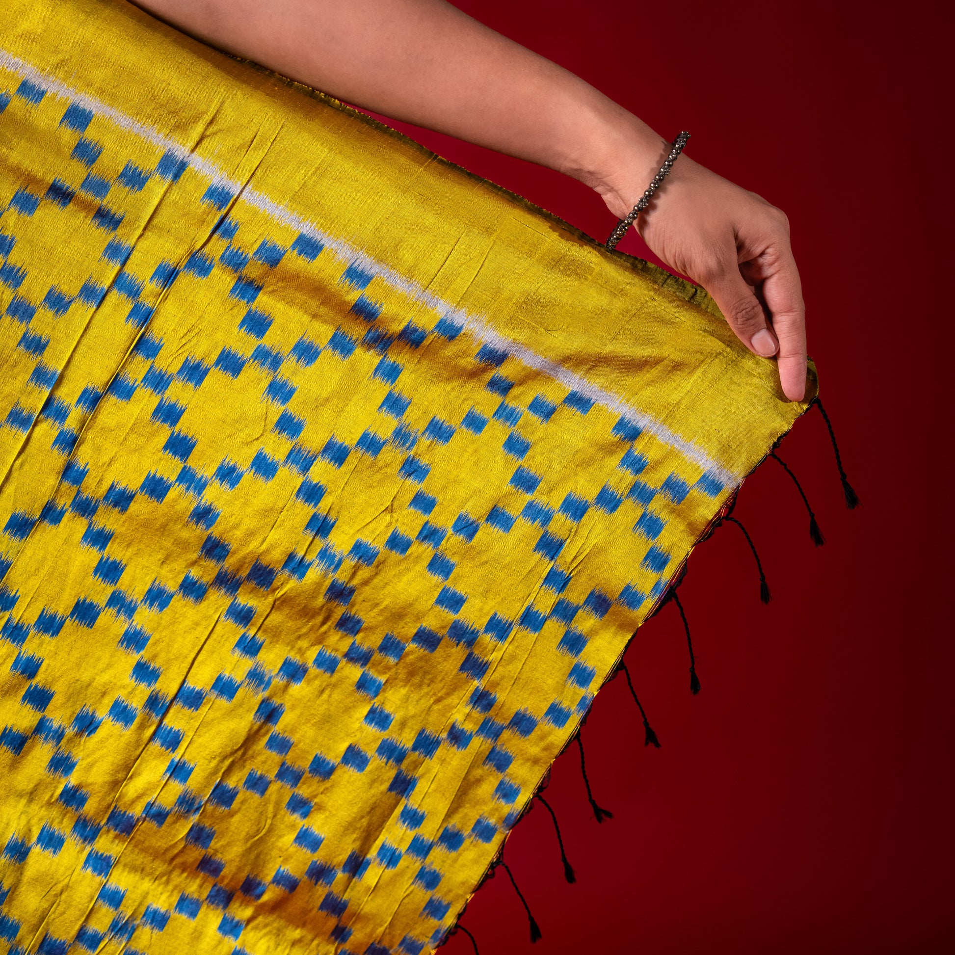 Ikatan Ice Blue & Yellow Mulberry Silk Odisha Ikat Saree Ikatan