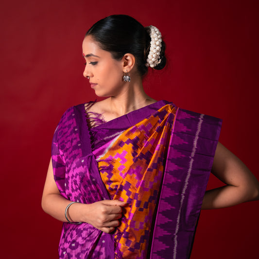Ikatan Orange & Purple Mulberry Silk Pochampally Ikat Saree Ikatan