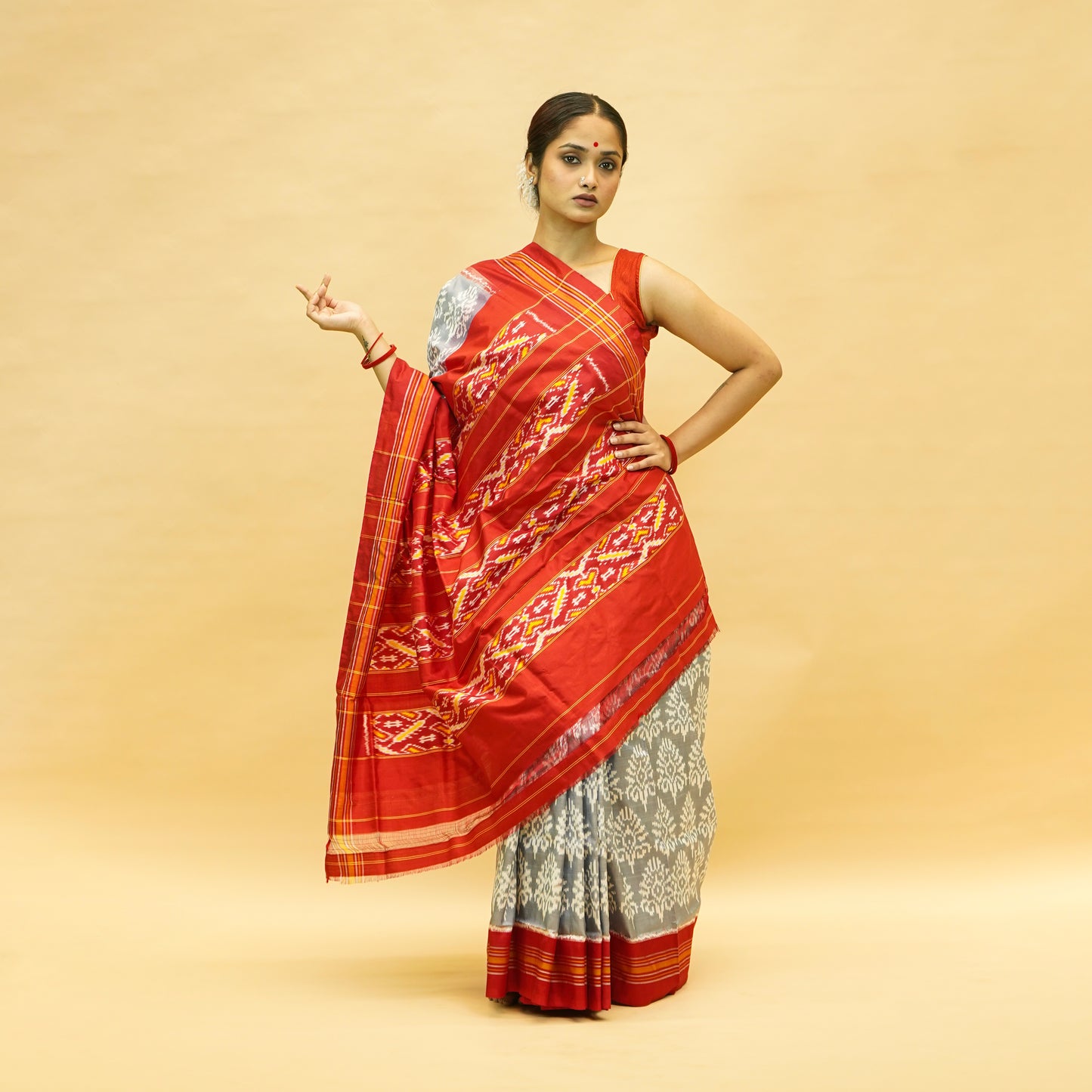 Grey & Red Mulberry Silk Pochampally Ikat Saree