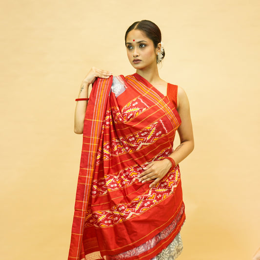 Grey & Red Mulberry Silk Pochampally Ikat Saree