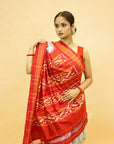 Grey & Red Mulberry Silk Pochampally Ikat Saree