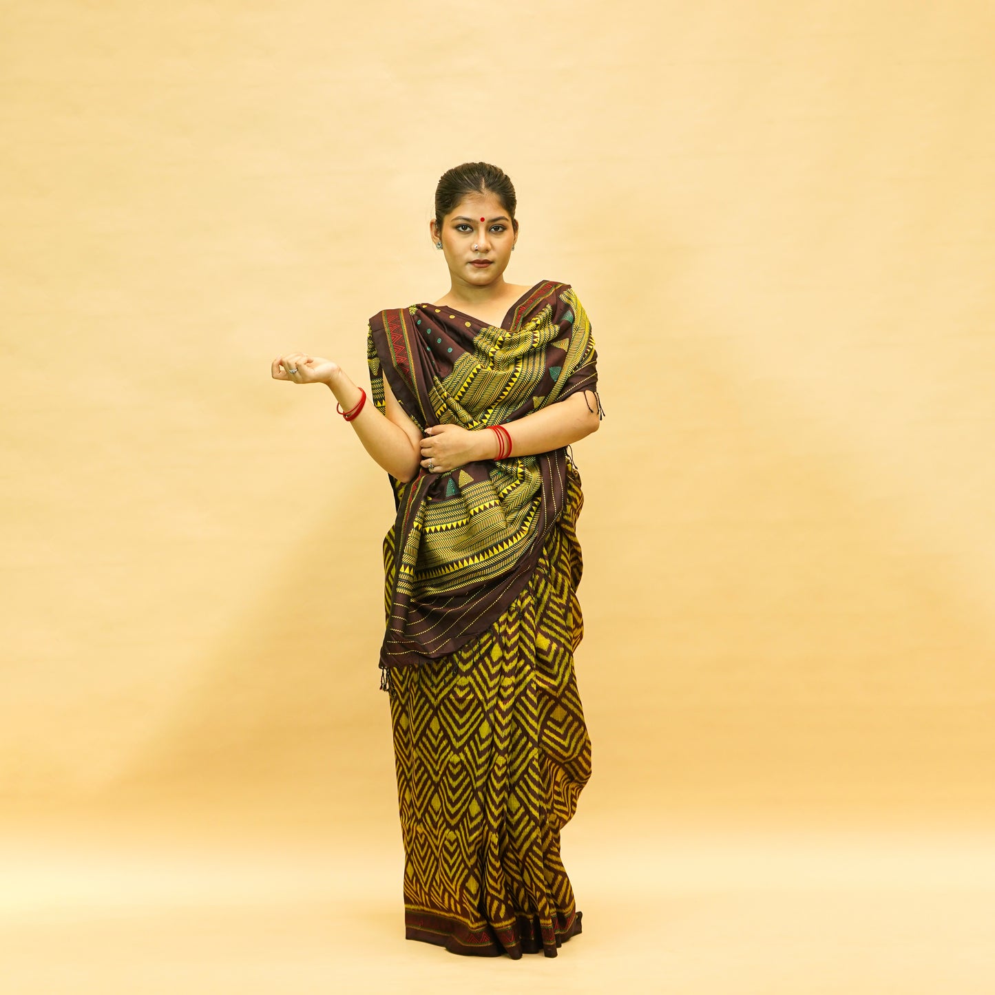 Dark Brown & Yellow Mulberry Silk Odisha Ikat Saree with Zig-Zag Border