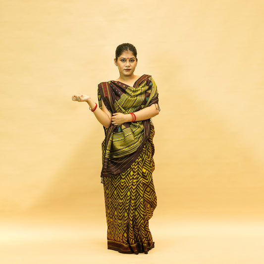 Dark Brown & Yellow Mulberry Silk Odisha Ikat Saree with Zig-Zag Border