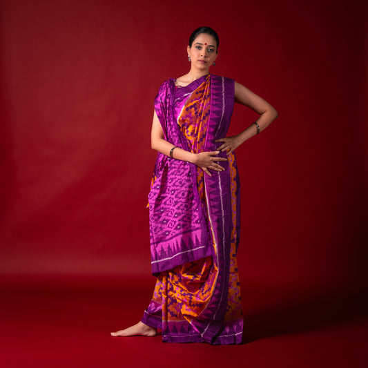 Ikatan Orange & Purple Mulberry Silk Pochampally Ikat Saree Ikatan