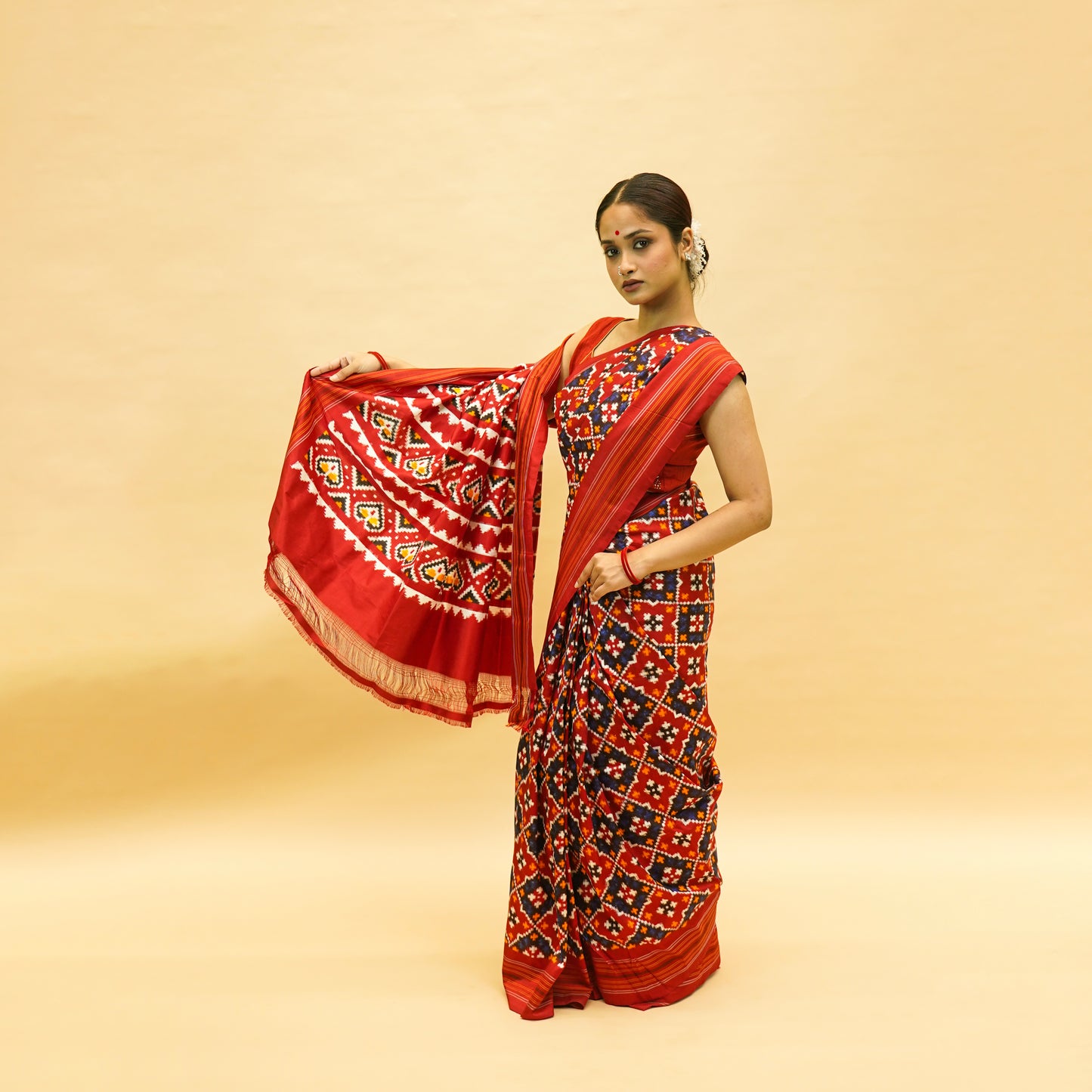 Red & Dark Blue Mulberry Silk  Double Ikat Saree