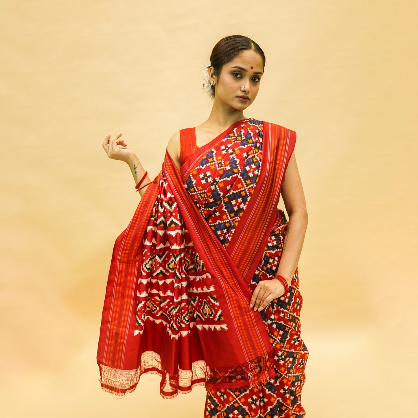 Red & Dark Blue Mulberry Silk  Double Ikat Saree
