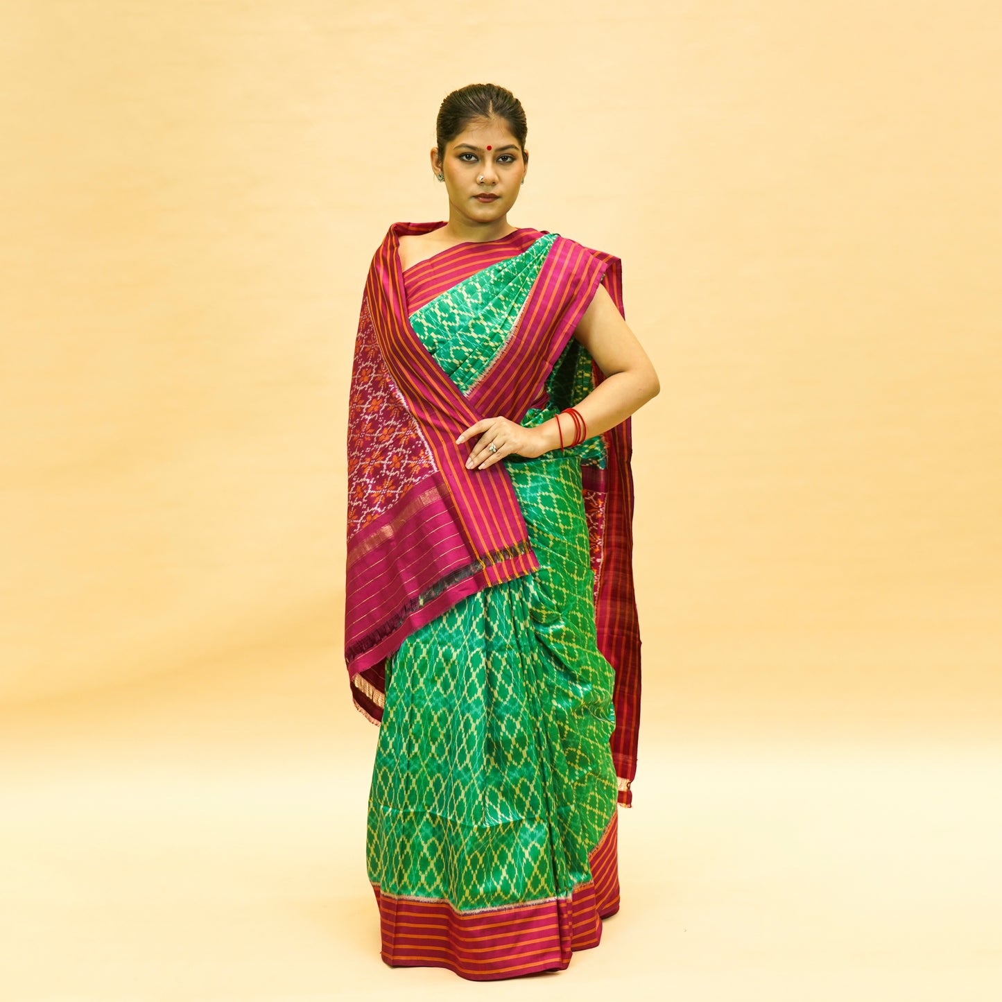 Turquoise Green & Magenta Mulberry Silk Pochampally Ikat Saree