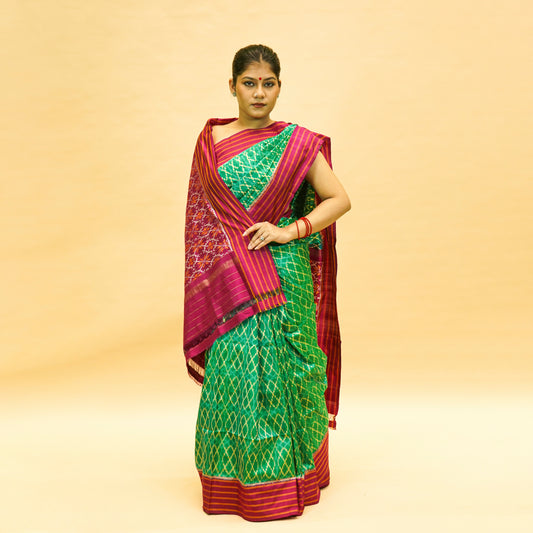 Turquoise Green & Magenta Mulberry Silk Pochampally Ikat Saree
