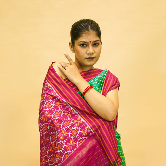 Turquoise Green & Magenta Mulberry Silk Pochampally Ikat Saree