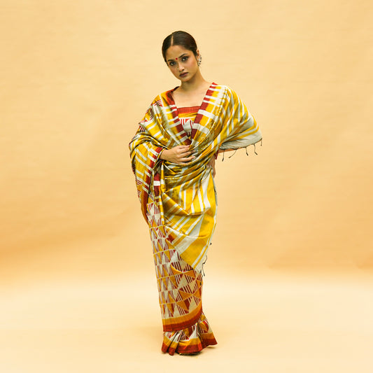 Golden & Silver With Red Mulberry Silk Odisha Ikat Saree