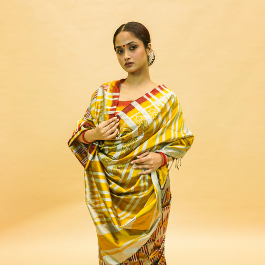 Golden & Silver With Red Mulberry Silk Odisha Ikat Saree