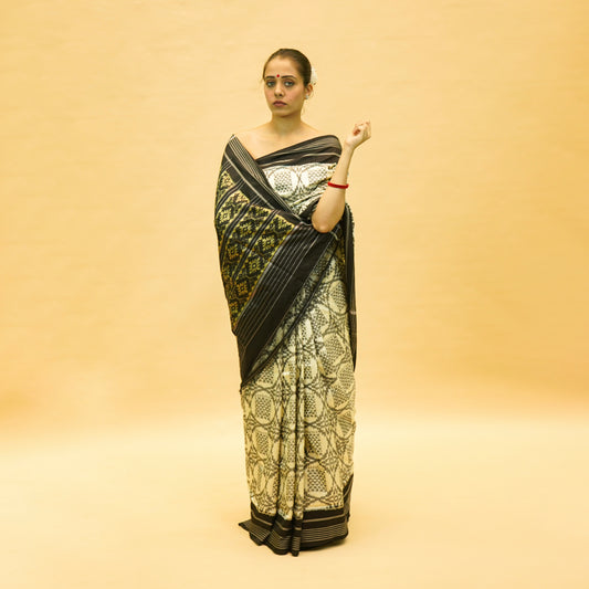Black & White Mulberry Silk Pochampally Double Warp Ikat Saree