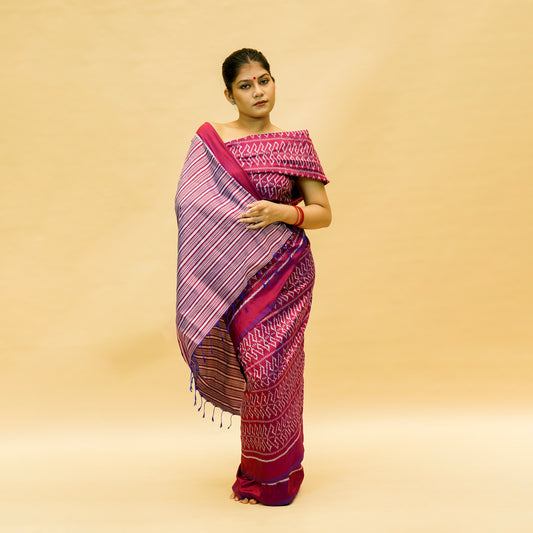 Magenta & Blue Mulberry Silk Odisha Ikat Saree