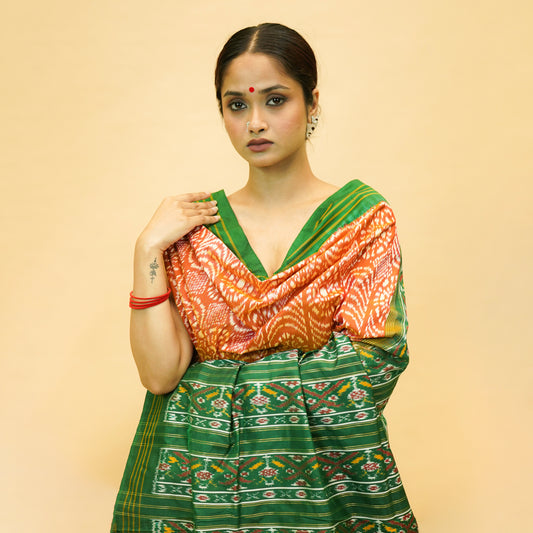 Rust Orange & Green Mulberry Silk Pochampally Ikat Saree