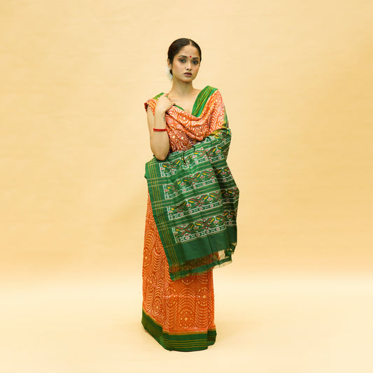 Rust Orange & Green Mulberry Silk Pochampally Ikat Saree