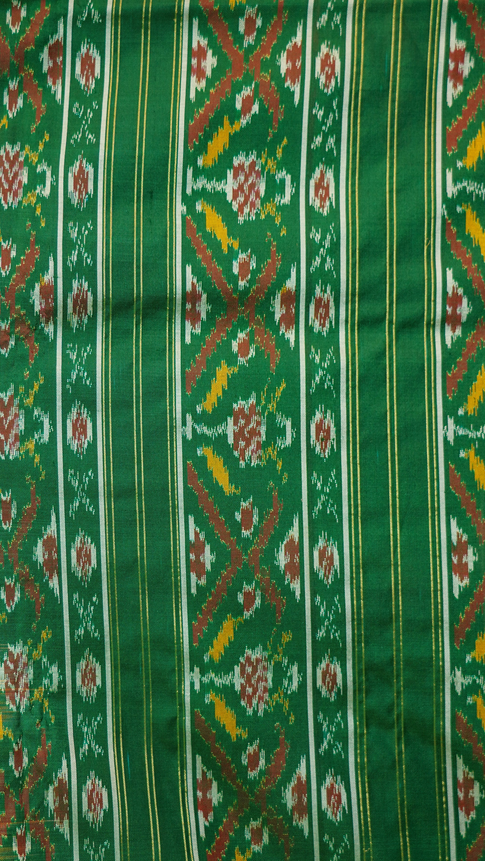 Rust Orange &amp; Green Mulberry Silk Pochampally Ikat Saree