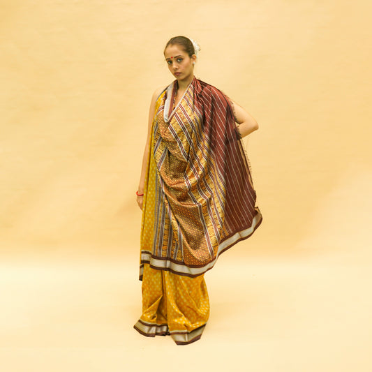 Dark Yellow & Brown Mulberry Silk Odisha Ikat Saree