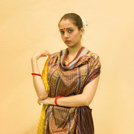 Dark Yellow & Brown Mulberry Silk Odisha Ikat Saree