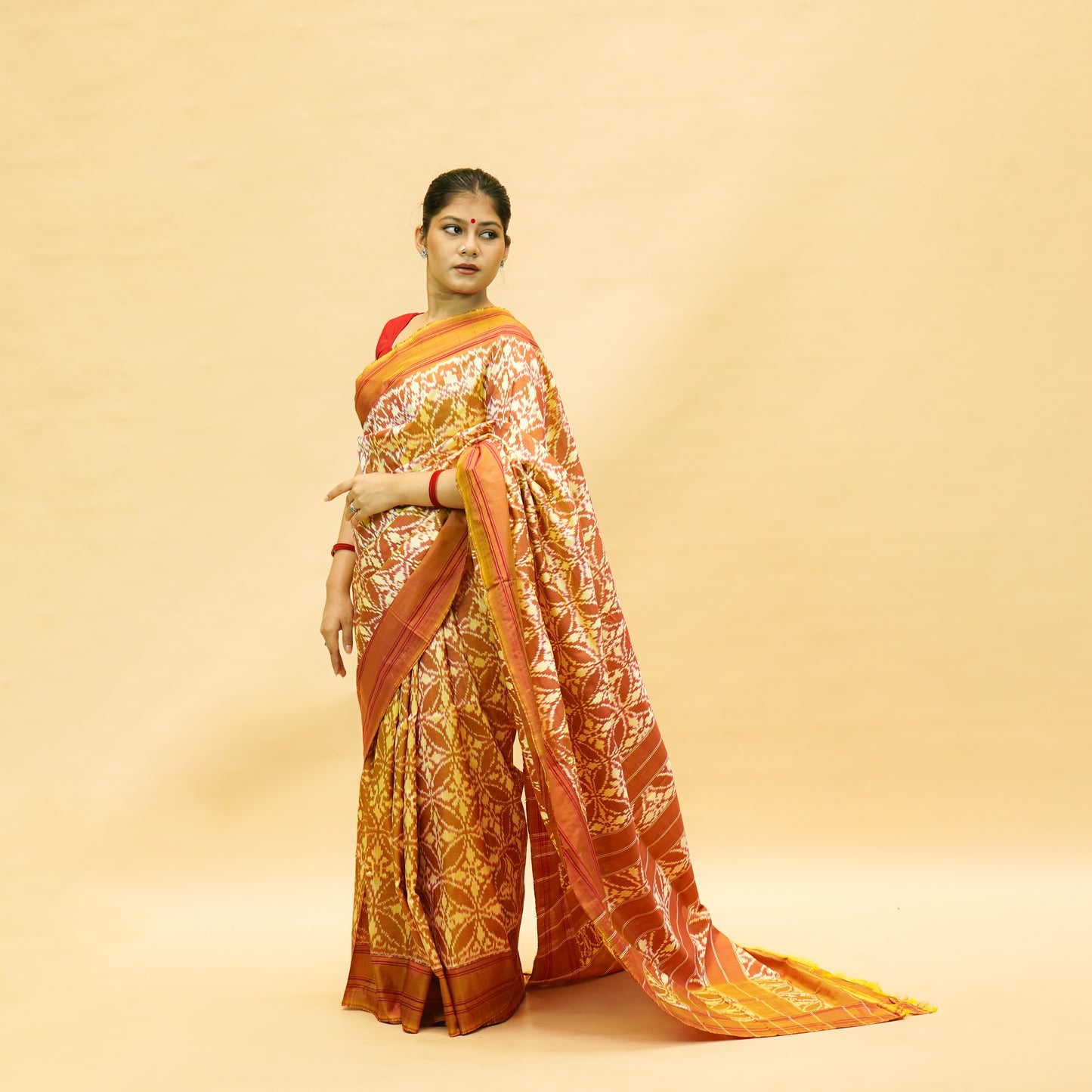 Rust Orange & White Mulberry Silk Pochampally Ikat Saree