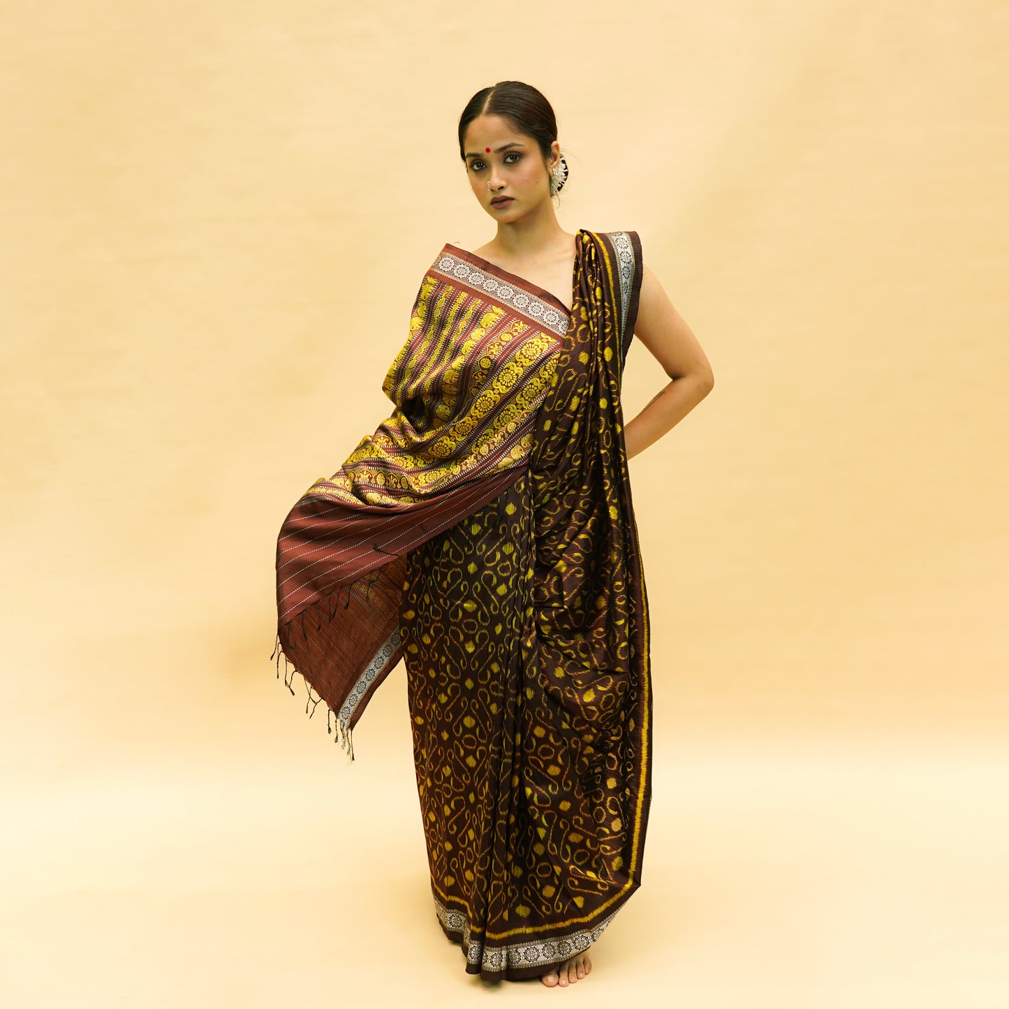 Chocolate Brown & Yellow Mulberry Silk Odisha Ikat Saree