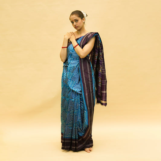 Electric Blue & Indigo Mulberry Silk Pochampally Ikat Saree