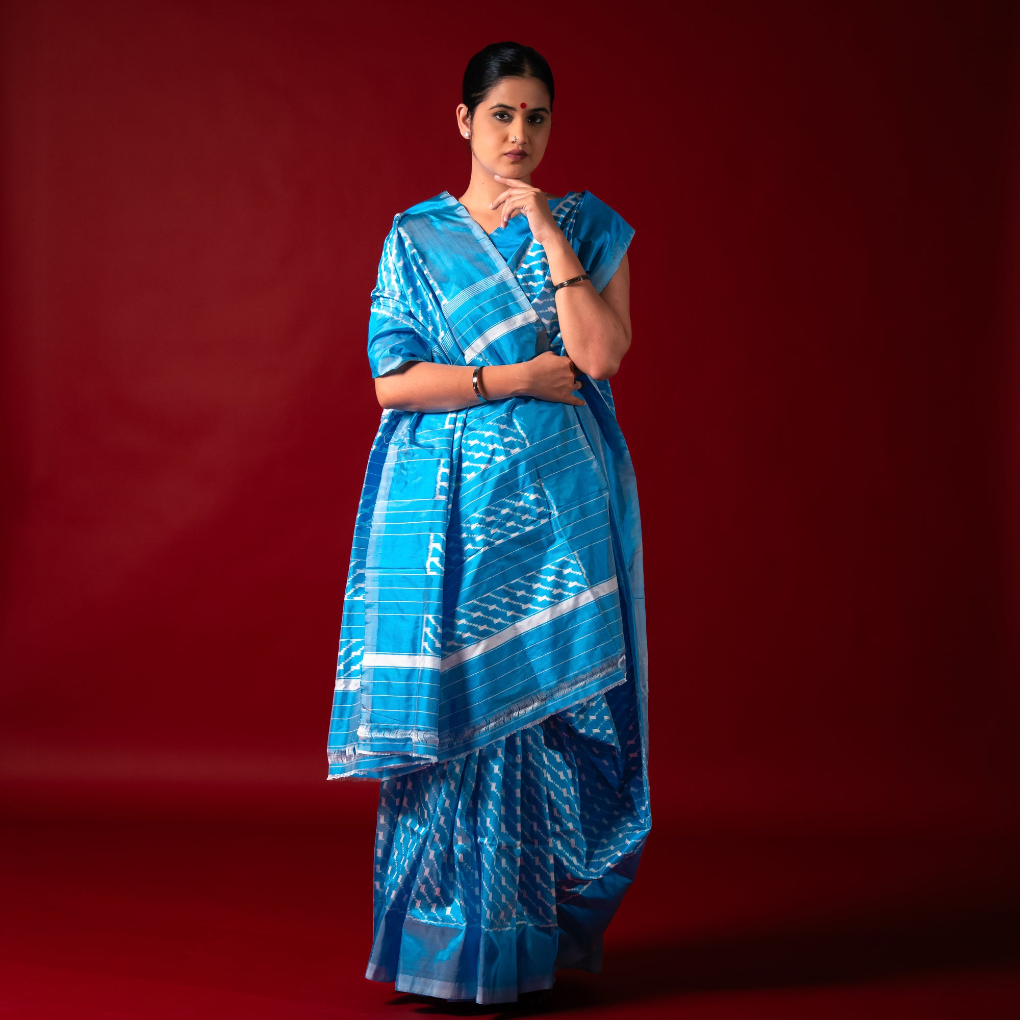 Ikatan Ice Blue & White Mulberry Silk Ikat Saree Ikatan